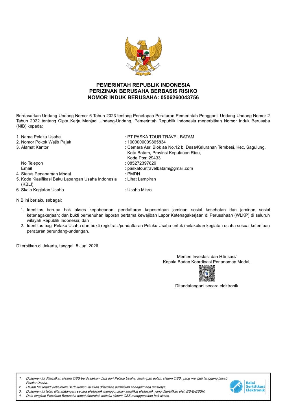 Pratinjau dokumen NIB Paska Tour Travel